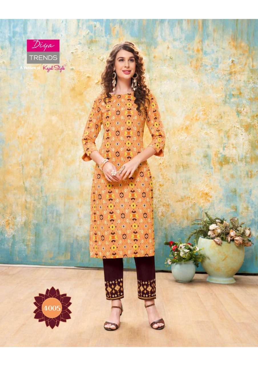 FOREVER VOL-4 BY DIYA TRENDS 4001 TO 4012 SERIES DESIGNER BEAUTIFUL STYLISH COLORFUL FANCY READY TO WEAR & CASUAL WEAR & ETHNIC WEAR RAYON EMBROIDERED KURTIS WITH BOTTOM AT WHOLESALE PRICE