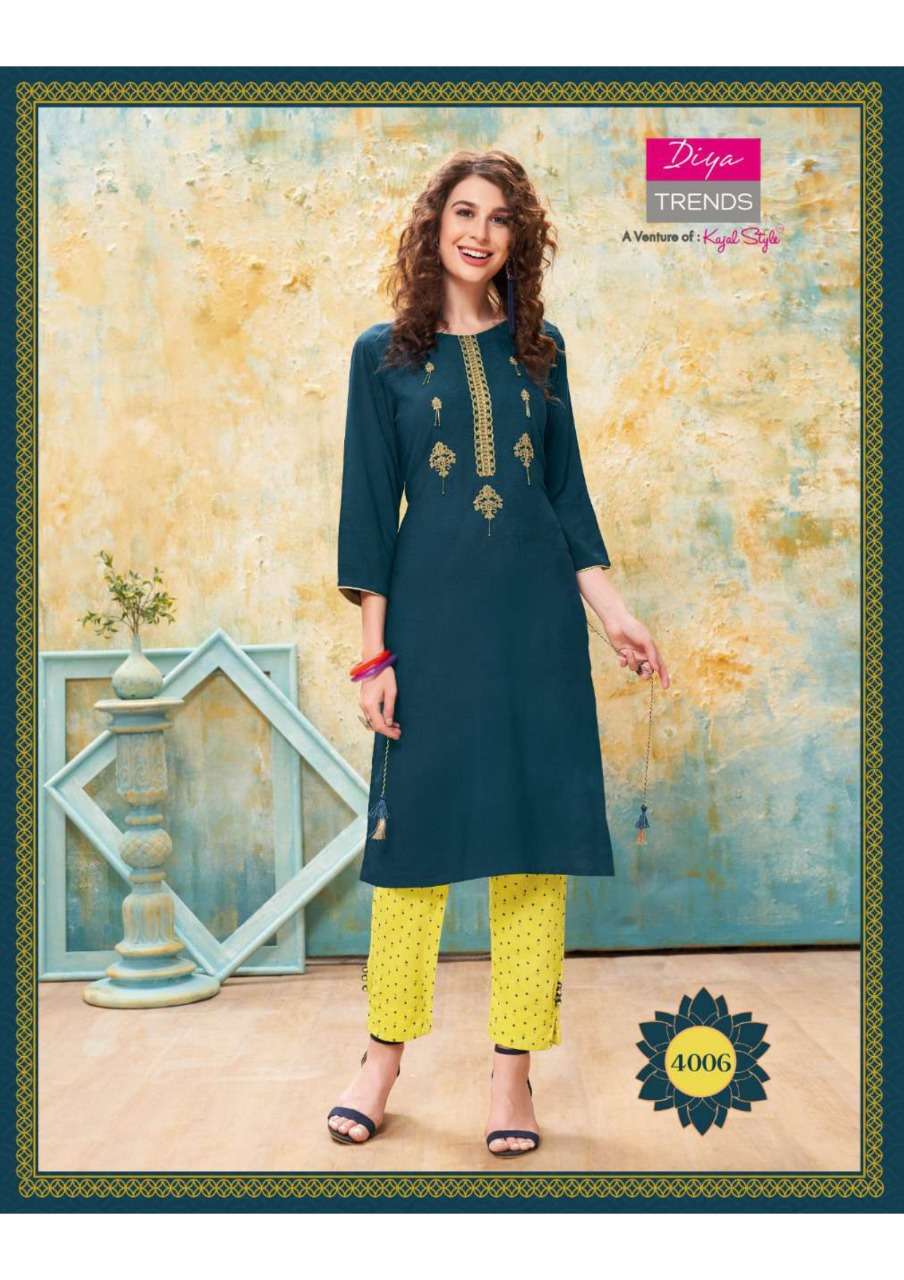 FOREVER VOL-4 BY DIYA TRENDS 4001 TO 4012 SERIES DESIGNER BEAUTIFUL STYLISH COLORFUL FANCY READY TO WEAR & CASUAL WEAR & ETHNIC WEAR RAYON EMBROIDERED KURTIS WITH BOTTOM AT WHOLESALE PRICE