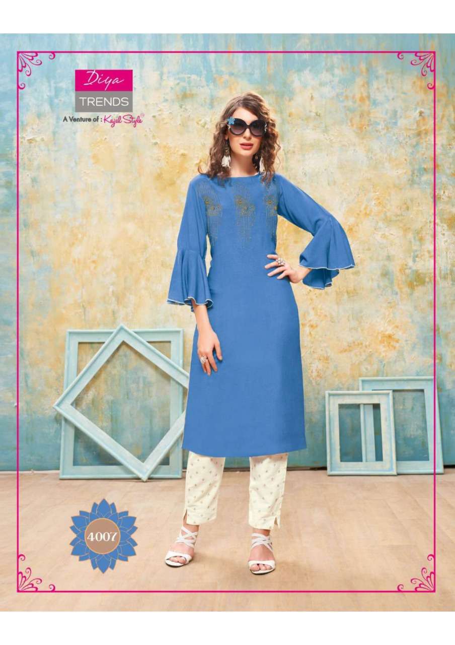 FOREVER VOL-4 BY DIYA TRENDS 4001 TO 4012 SERIES DESIGNER BEAUTIFUL STYLISH COLORFUL FANCY READY TO WEAR & CASUAL WEAR & ETHNIC WEAR RAYON EMBROIDERED KURTIS WITH BOTTOM AT WHOLESALE PRICE