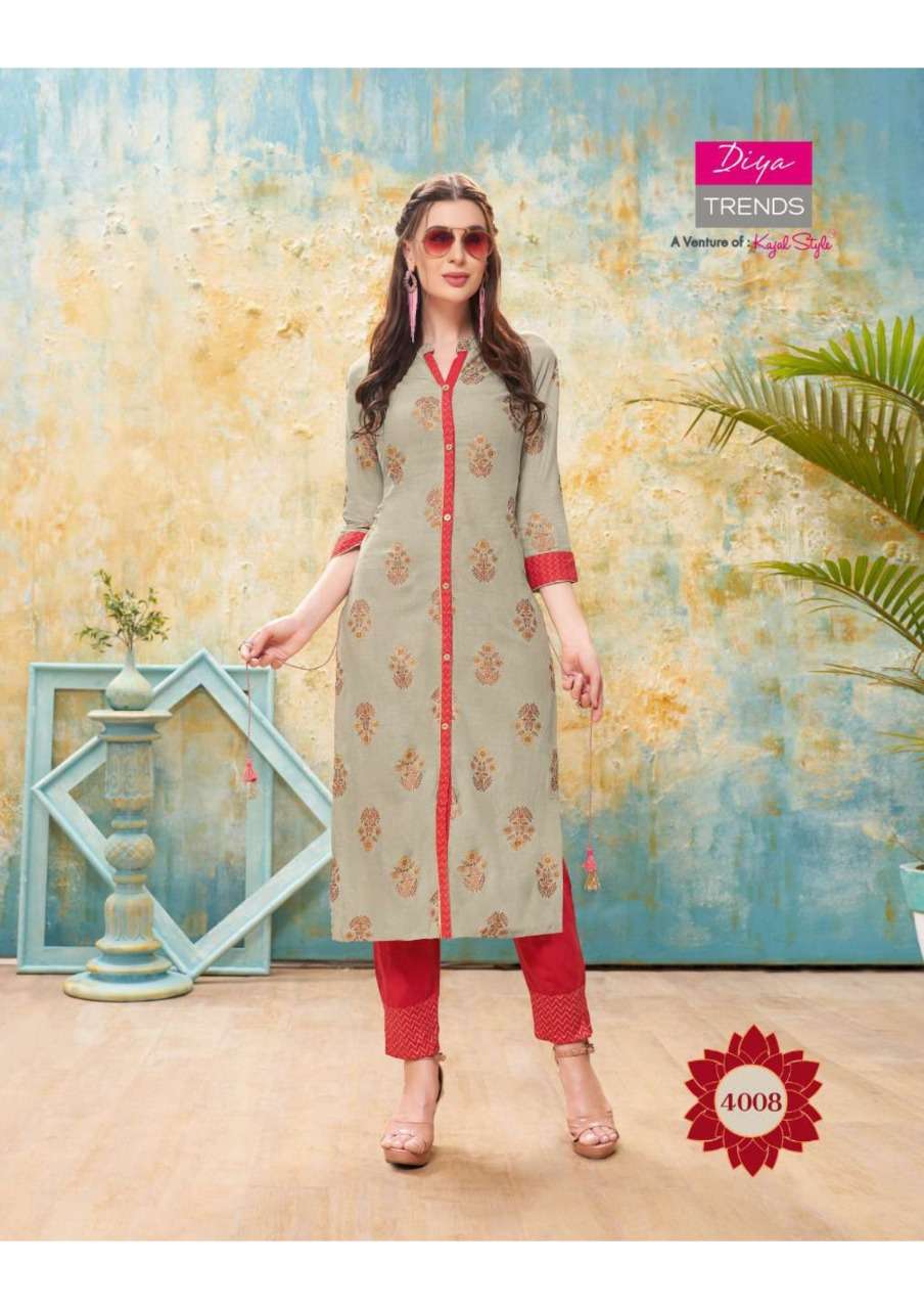 FOREVER VOL-4 BY DIYA TRENDS 4001 TO 4012 SERIES DESIGNER BEAUTIFUL STYLISH COLORFUL FANCY READY TO WEAR & CASUAL WEAR & ETHNIC WEAR RAYON EMBROIDERED KURTIS WITH BOTTOM AT WHOLESALE PRICE