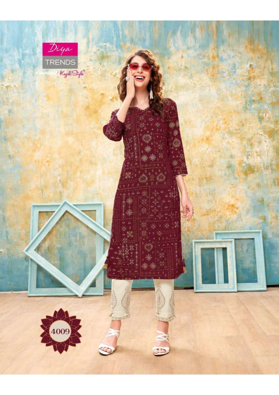 FOREVER VOL-4 BY DIYA TRENDS 4001 TO 4012 SERIES DESIGNER BEAUTIFUL STYLISH COLORFUL FANCY READY TO WEAR & CASUAL WEAR & ETHNIC WEAR RAYON EMBROIDERED KURTIS WITH BOTTOM AT WHOLESALE PRICE