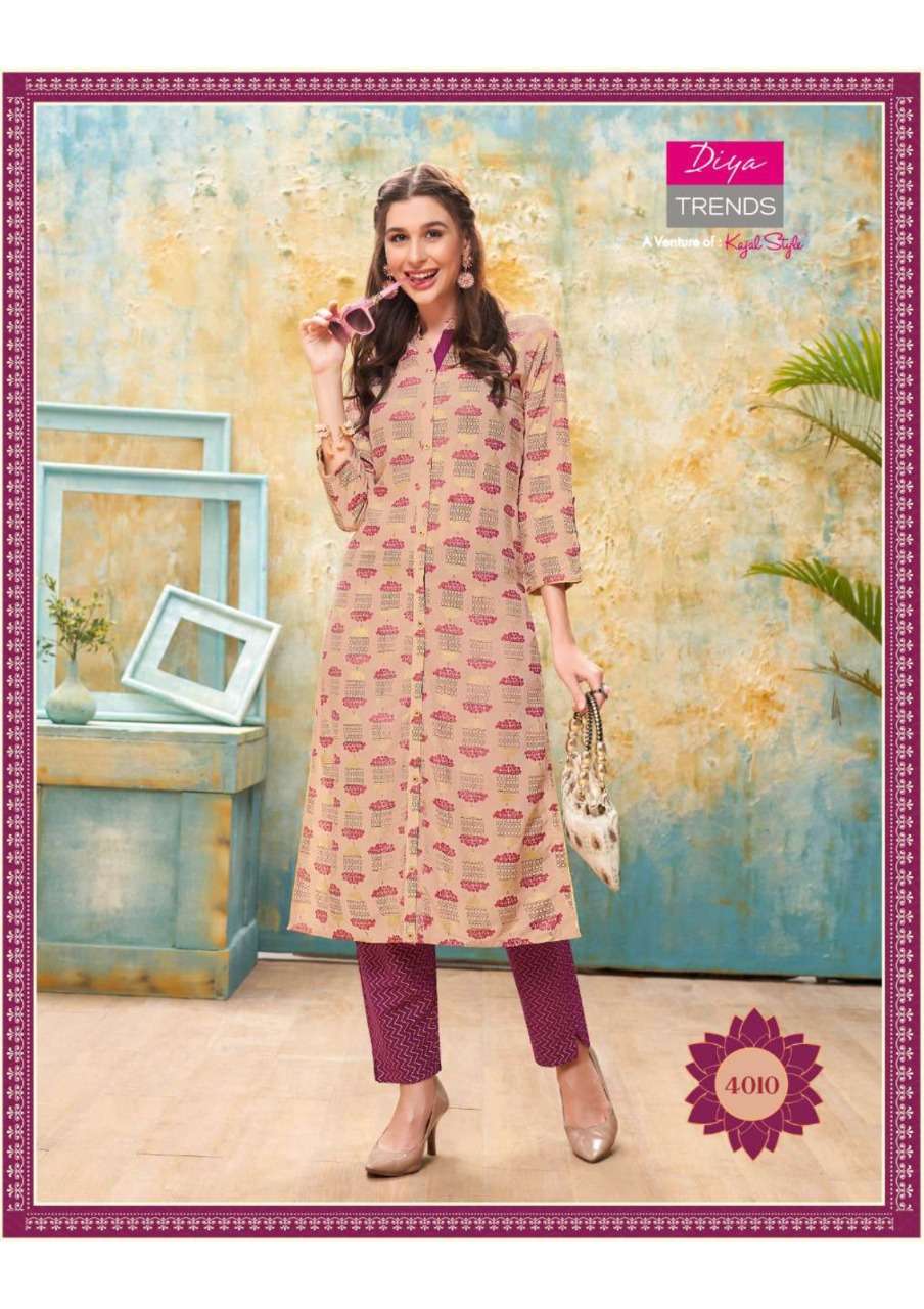 FOREVER VOL-4 BY DIYA TRENDS 4001 TO 4012 SERIES DESIGNER BEAUTIFUL STYLISH COLORFUL FANCY READY TO WEAR & CASUAL WEAR & ETHNIC WEAR RAYON EMBROIDERED KURTIS WITH BOTTOM AT WHOLESALE PRICE