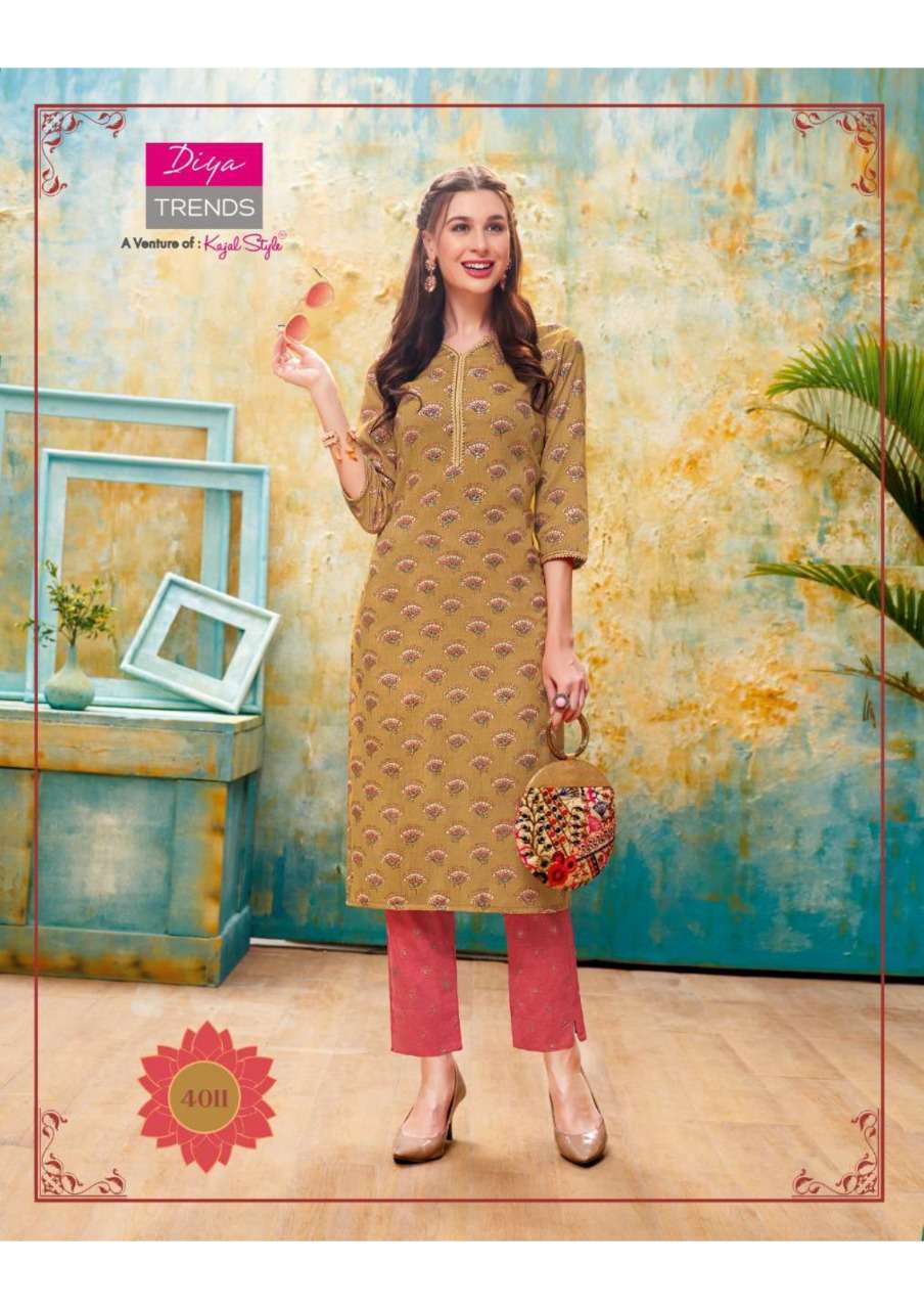 FOREVER VOL-4 BY DIYA TRENDS 4001 TO 4012 SERIES DESIGNER BEAUTIFUL STYLISH COLORFUL FANCY READY TO WEAR & CASUAL WEAR & ETHNIC WEAR RAYON EMBROIDERED KURTIS WITH BOTTOM AT WHOLESALE PRICE