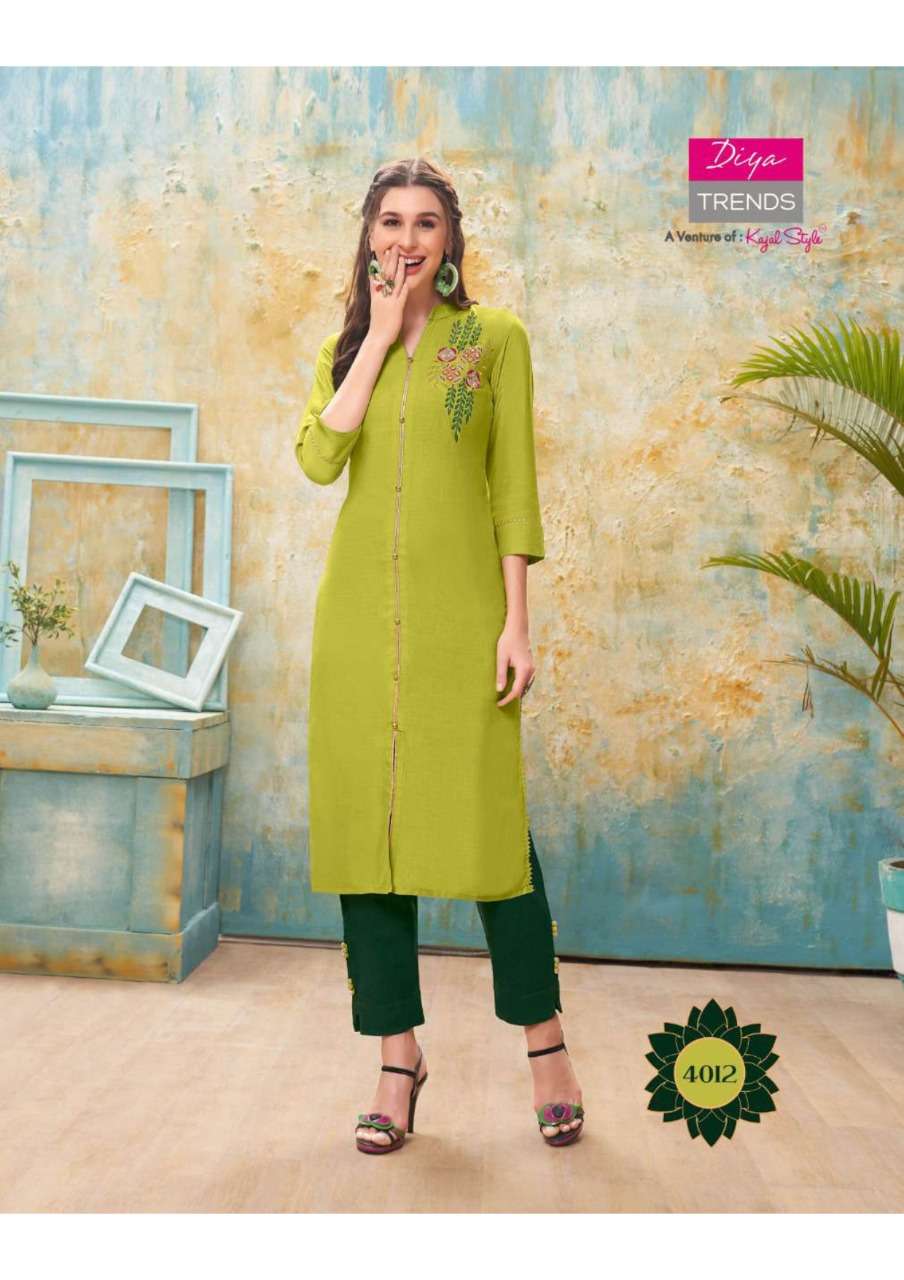 FOREVER VOL-4 BY DIYA TRENDS 4001 TO 4012 SERIES DESIGNER BEAUTIFUL STYLISH COLORFUL FANCY READY TO WEAR & CASUAL WEAR & ETHNIC WEAR RAYON EMBROIDERED KURTIS WITH BOTTOM AT WHOLESALE PRICE