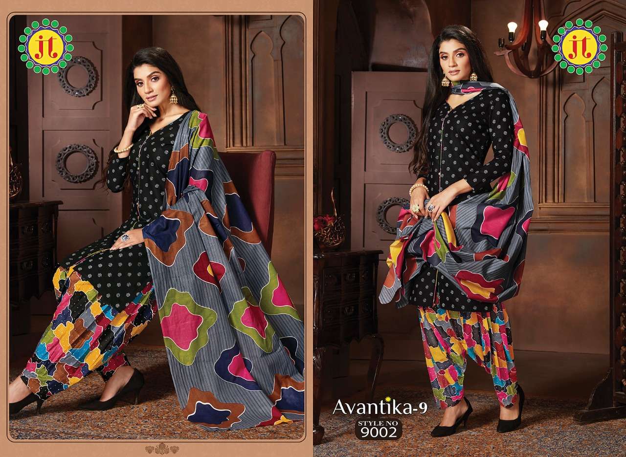 AVANTIKA VOL-9 BY JT 9001 TO 9015 SERIES BEAUTIFUL SUITS STYLISH FANCY COLORFUL PARTY WEAR & OCCASIONAL WEAR COTTON PRINT DRESSES AT WHOLESALE PRICE