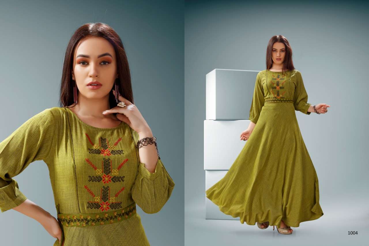 ICON VOL-1 BY VASTRA MODA 1001 TO 1005 SERIES BEAUTIFUL COLORFUL STYLISH FANCY PARTY WEAR & ETHNIC WEAR & READY TO WEAR PREMIUM VISCOSE SLUB GOWNS AT WHOLESALE PRICE