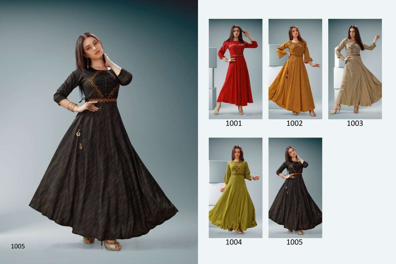 ICON VOL-1 BY VASTRA MODA 1001 TO 1005 SERIES BEAUTIFUL COLORFUL STYLISH FANCY PARTY WEAR & ETHNIC WEAR & READY TO WEAR PREMIUM VISCOSE SLUB GOWNS AT WHOLESALE PRICE