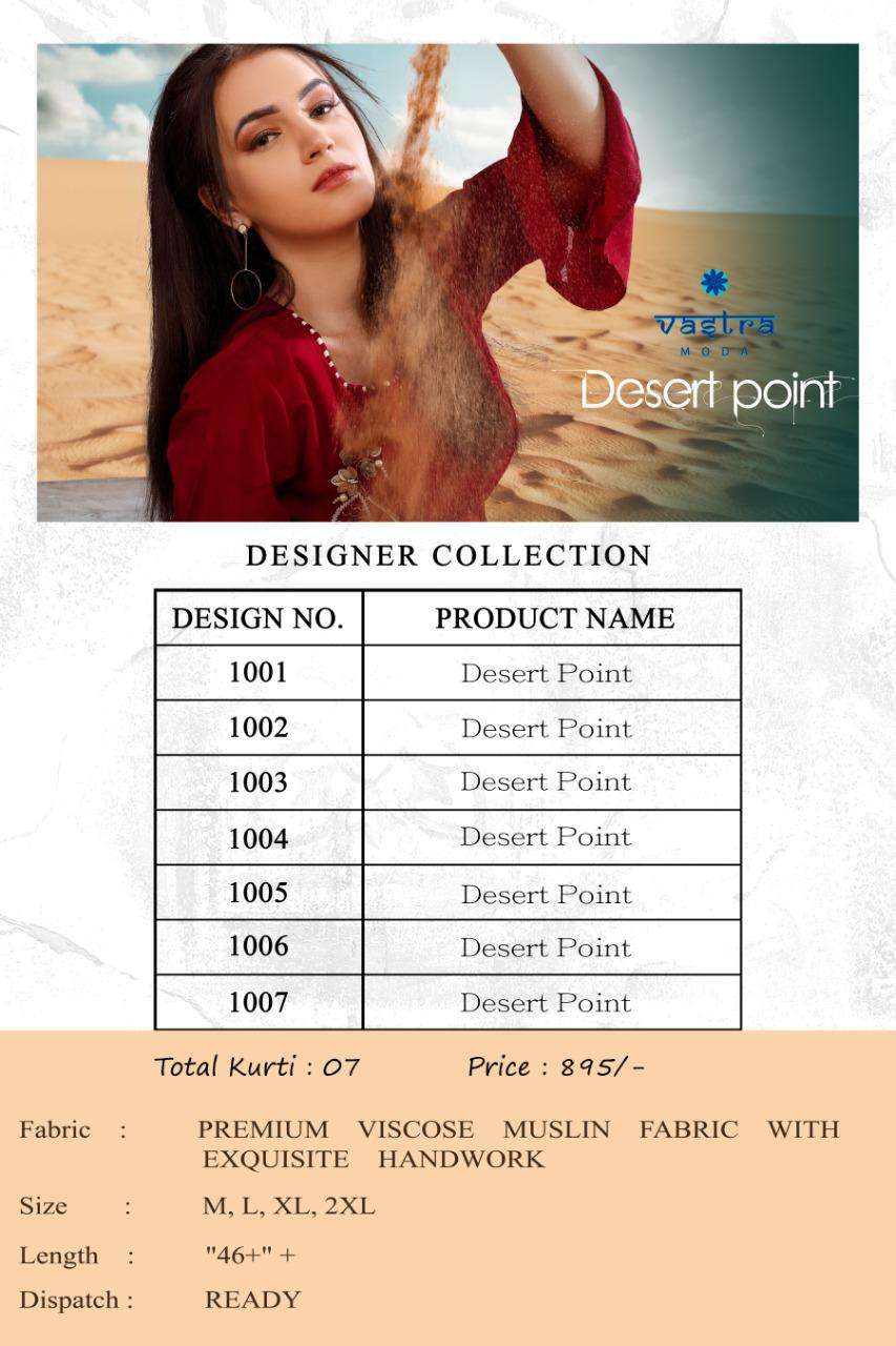 DESERT POINT BY VASTRA MODA 1001 TO 1007 SERIES BEAUTIFUL COLORFUL STYLISH FANCY PARTY WEAR & ETHNIC WEAR & READY TO WEAR PREMIUM VISCOSE MUSLIN KURTIS AT WHOLESALE PRICE