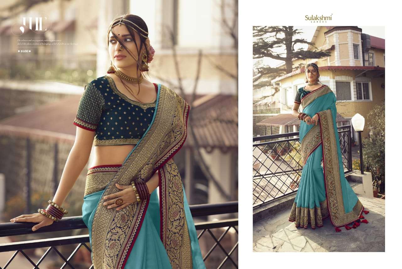 SUNSHINE BY SULAKSHMI 6401 TO 6409 SERIES INDIAN TRADITIONAL WEAR COLLECTION BEAUTIFUL STYLISH FANCY COLORFUL PARTY WEAR & OCCASIONAL WEAR CHINNON EMBROIDERY SAREES AT WHOLESALE PRICE