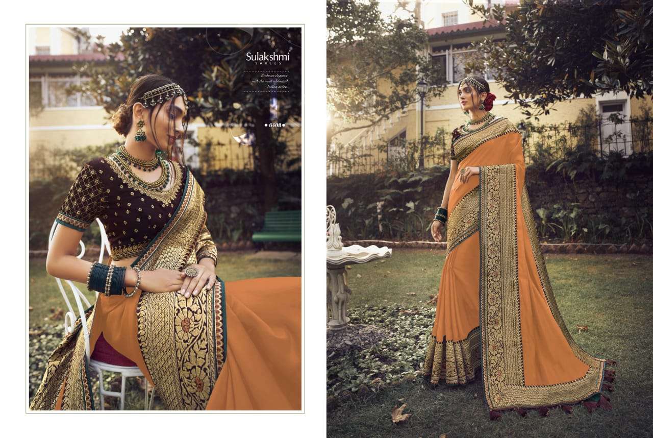 SUNSHINE BY SULAKSHMI 6401 TO 6409 SERIES INDIAN TRADITIONAL WEAR COLLECTION BEAUTIFUL STYLISH FANCY COLORFUL PARTY WEAR & OCCASIONAL WEAR CHINNON EMBROIDERY SAREES AT WHOLESALE PRICE