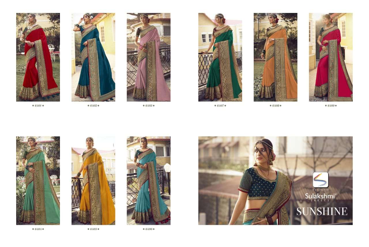 SUNSHINE BY SULAKSHMI 6401 TO 6409 SERIES INDIAN TRADITIONAL WEAR COLLECTION BEAUTIFUL STYLISH FANCY COLORFUL PARTY WEAR & OCCASIONAL WEAR CHINNON EMBROIDERY SAREES AT WHOLESALE PRICE