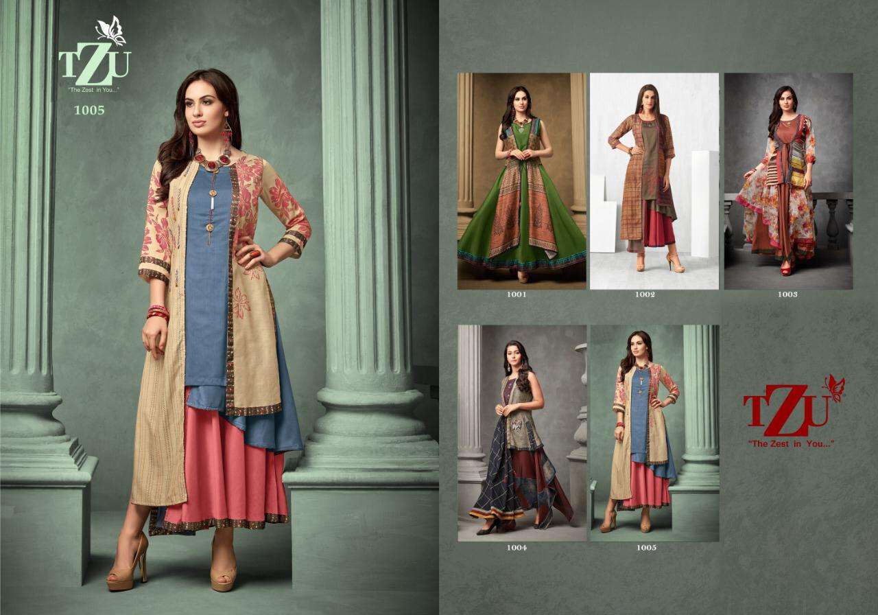 LAKSHITA BY TZU 1001 TO 1005 SERIES DESIGNER BEAUTIFUL STYLISH FANCY COLORFUL PARTY WEAR & OCCASIONAL WEAR TUSSAR SILK/MUSLIN GOWNS AT WHOLESALE PRICE