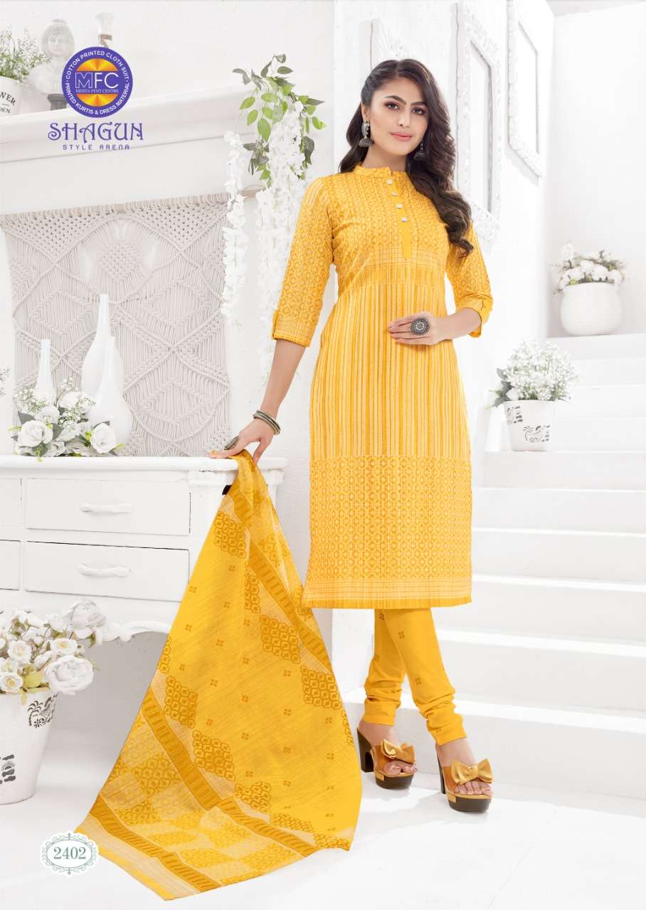 SHAGUN VOL-24 BY MFC 2401 TO 2420 SERIES BEAUTIFUL SUITS STYLISH FANCY COLORFUL CASUAL WEAR & ETHNIC WEAR PURE COTTON PRINTED DRESSES AT WHOLESALE PRICE