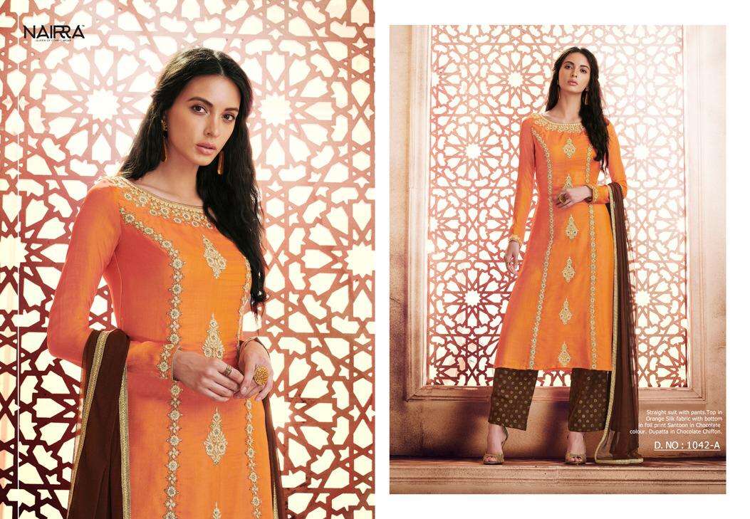 NAIRRA 1042 COLOURS BY NAIRRA 1042-A TO 1042-B SERIES BEAUTIFUL WINTER COLLECTION SUITS STYLISH FANCY COLORFUL CASUAL WEAR & ETHNIC WEAR SILK DRESSES AT WHOLESALE PRICE