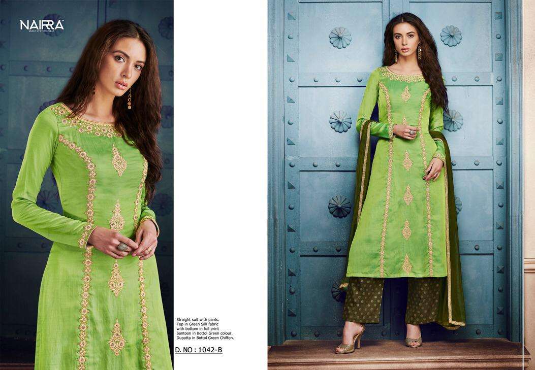 NAIRRA 1042 COLOURS BY NAIRRA 1042-A TO 1042-B SERIES BEAUTIFUL WINTER COLLECTION SUITS STYLISH FANCY COLORFUL CASUAL WEAR & ETHNIC WEAR SILK DRESSES AT WHOLESALE PRICE
