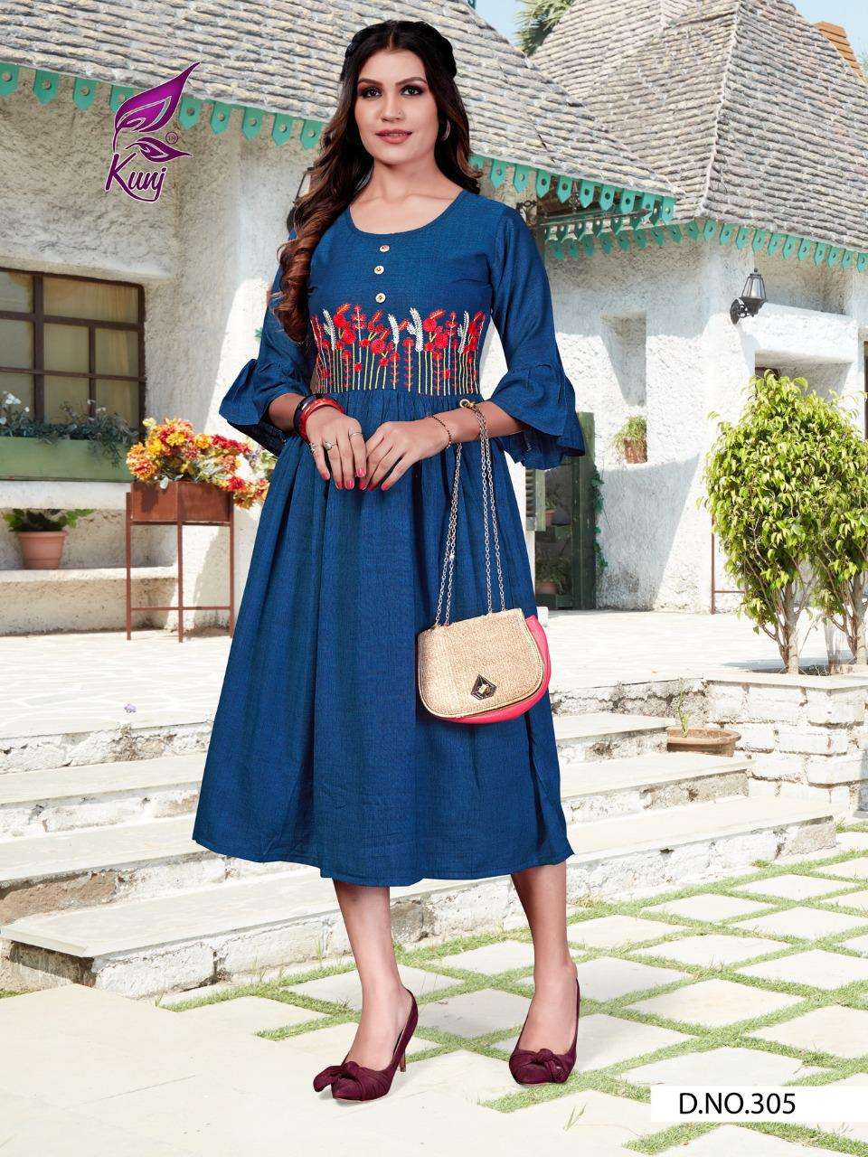 FLORET VOL-3 BY KUNJ 301 TO 310 SERIES BEAUTIFUL STYLISH FANCY COLORFUL CASUAL WEAR & ETHNIC WEAR & READY TO WEAR HEAVY RAYON EMBROIDERED KURTIS AT WHOLESALE PRICE