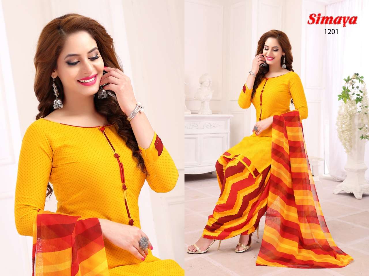 SIMAYA VOL-9 BY VISHNU PRINTS 1201 TO 1216 SERIES BEAUTIFUL SUITS STYLISH FANCY COLORFUL PARTY WEAR & OCCASIONAL WEAR LEYON PRINTED DRESSES AT WHOLESALE PRICE