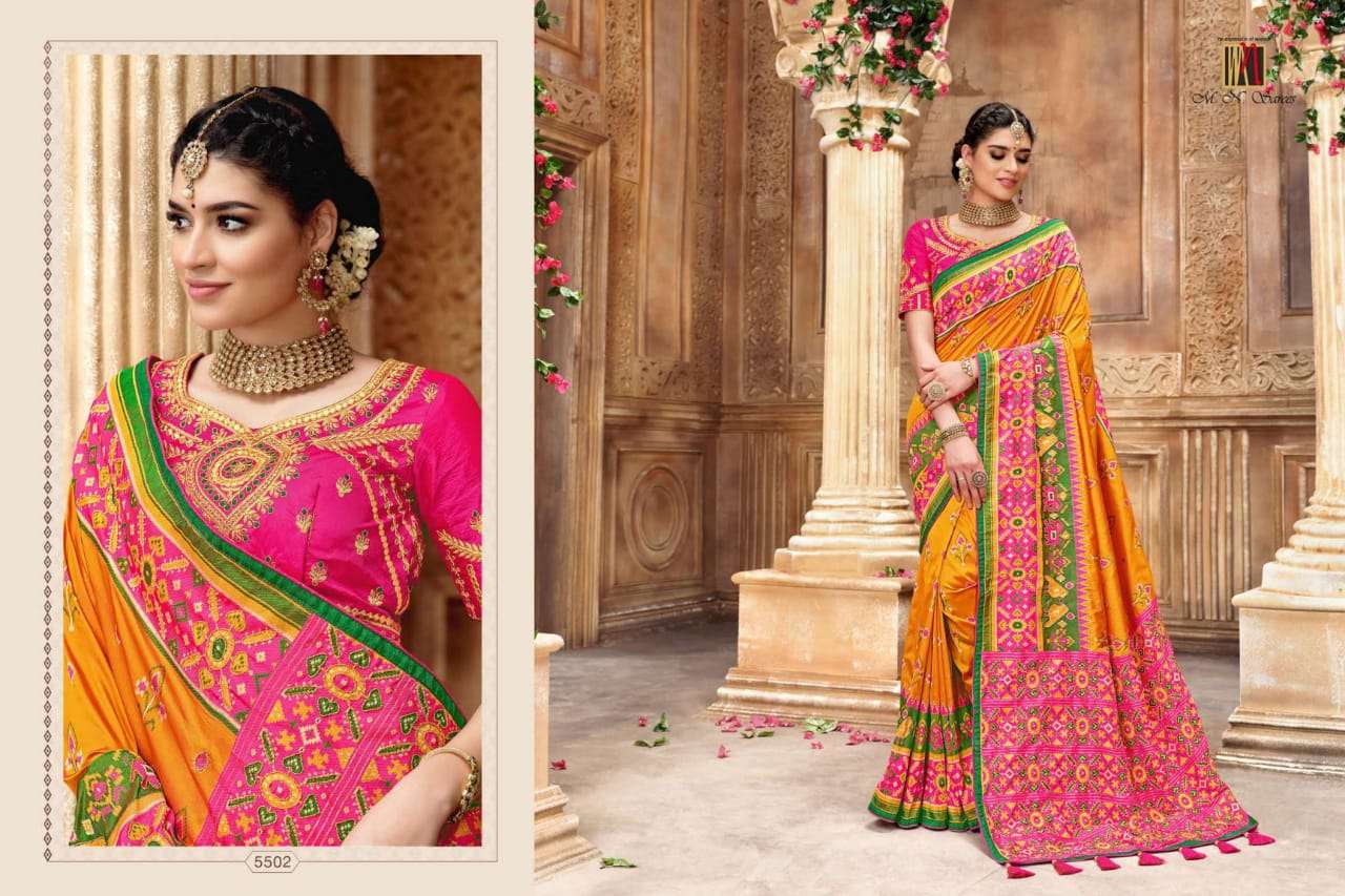 RESHAM DHAGA 5500 SERIES BY M N SAREES 5501 TO 5516 SERIES INDIAN TRADITIONAL WEAR COLLECTION BEAUTIFUL STYLISH FANCY COLORFUL PARTY WEAR & OCCASIONAL WEAR PURE SILK EMBROIDERED SAREES AT WHOLESALE PRICE