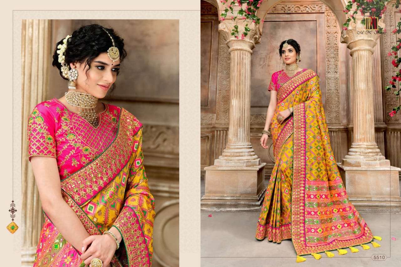 RESHAM DHAGA 5500 SERIES BY M N SAREES 5501 TO 5516 SERIES INDIAN TRADITIONAL WEAR COLLECTION BEAUTIFUL STYLISH FANCY COLORFUL PARTY WEAR & OCCASIONAL WEAR PURE SILK EMBROIDERED SAREES AT WHOLESALE PRICE