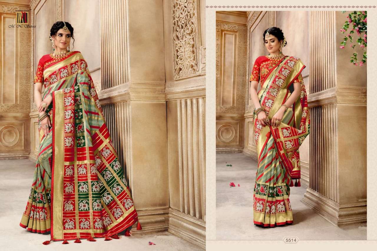 RESHAM DHAGA 5500 SERIES BY M N SAREES 5501 TO 5516 SERIES INDIAN TRADITIONAL WEAR COLLECTION BEAUTIFUL STYLISH FANCY COLORFUL PARTY WEAR & OCCASIONAL WEAR PURE SILK EMBROIDERED SAREES AT WHOLESALE PRICE