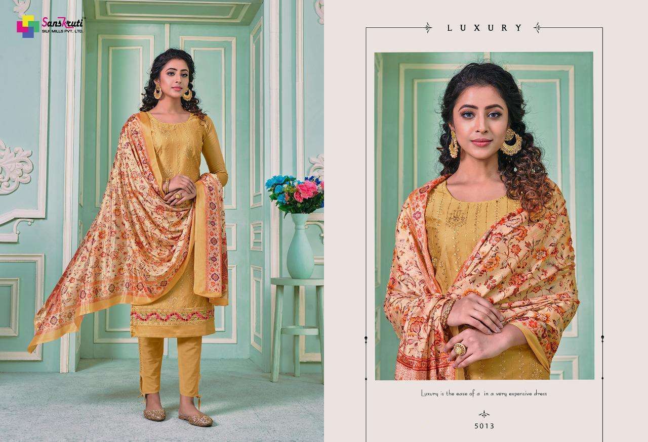 SAFRON BY SANSKRUTI SILK MILLS 5012 TO 5017 SERIES BEAUTIFUL SUITS COLORFUL STYLISH FANCY CASUAL WEAR & ETHNIC WEAR PURE JAM SILK WITH EMBROIDERY DRESSES AT WHOLESALE PRICE