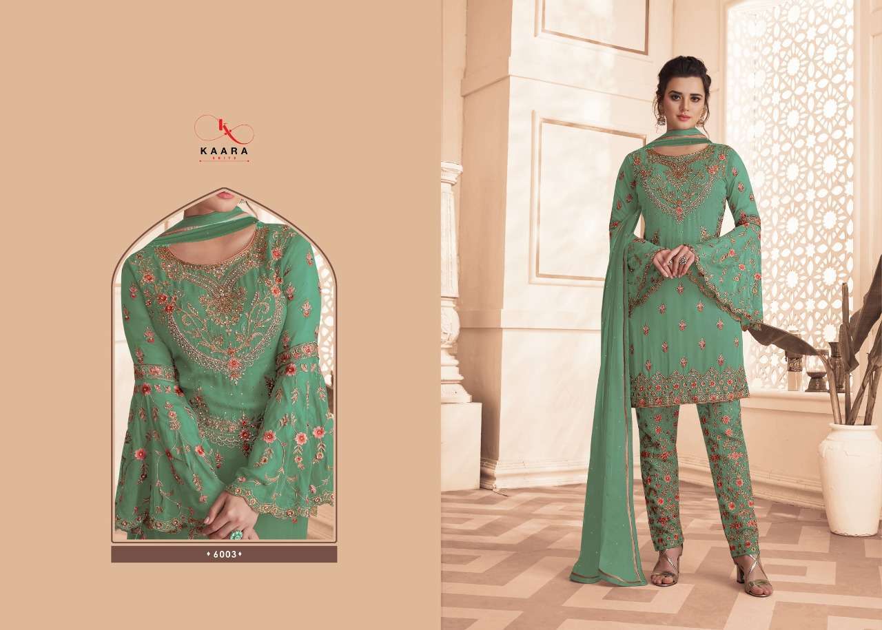 DULHAN VOL-14 BY KAARA SUITS 4001 TO 4004 SERIES BEAUTIFUL STYLISH SUITS FANCY COLORFUL CASUAL WEAR & ETHNIC WEAR & READY TO WEAR FUAX GEORGETTE EMBROIDERED DRESSES AT WHOLESALE PRICE