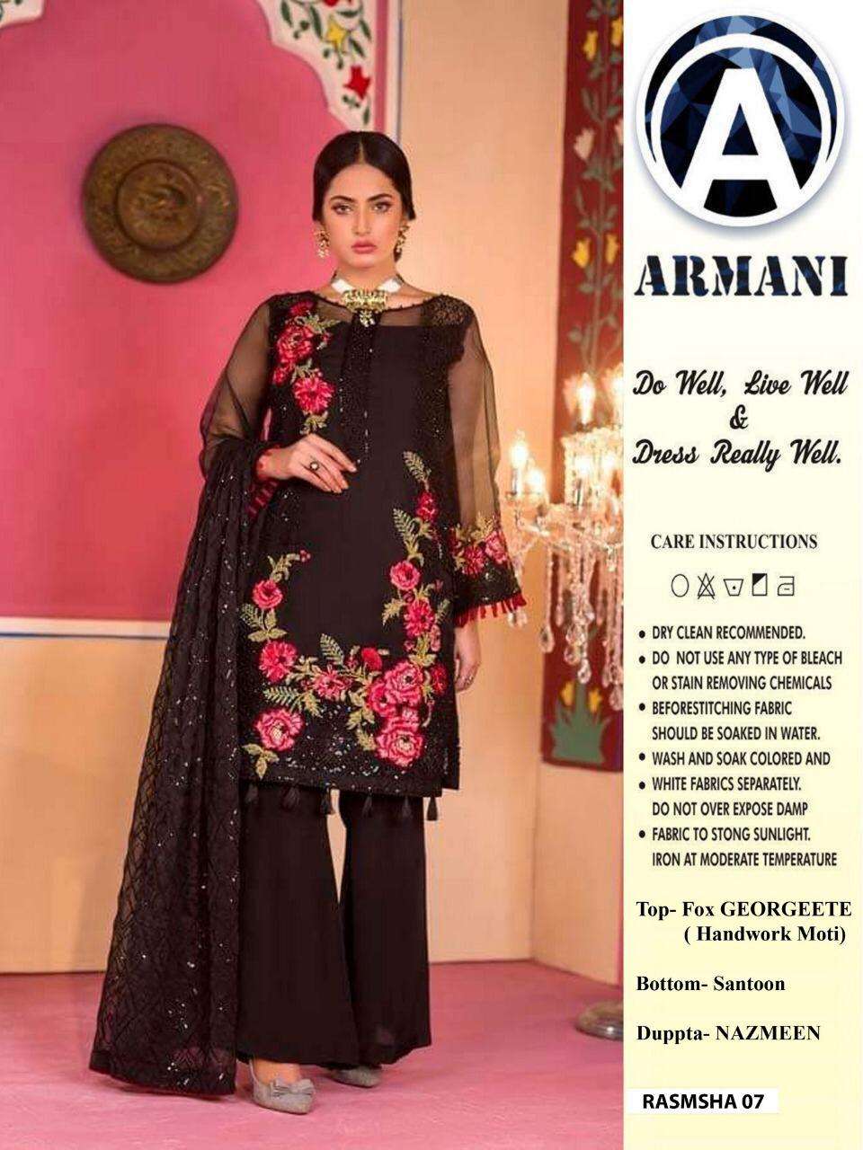 RIMISHA 07 BY ARMANI PAKISTANI SUITS BEAUTIFUL FANCY COLORFUL STYLISH PARTY WEAR & OCCASIONAL WEAR FAUX GEORGETTE WITH EMBROIDERY DRESSES AT WHOLESALE PRICE