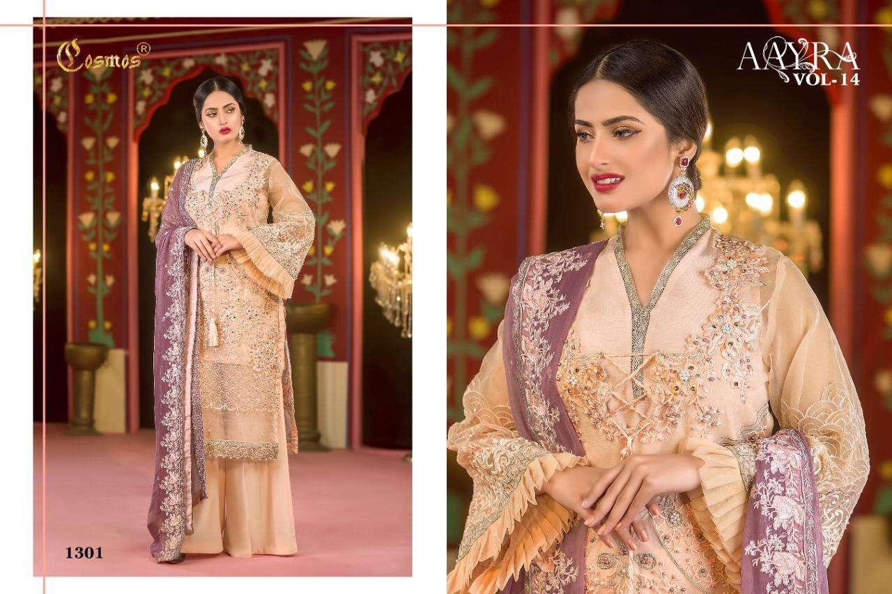 AAYRA VOL-14 BY COSMOS 1301 TO 1304 SERIES BEAUTIFUL STYLISH PAKISTANI SUITS FANCY COLORFUL CASUAL WEAR & ETHNIC WEAR & READY TO WEAR FAUX GEORGETTE EMBROIDERED DRESSES AT WHOLESALE PRICE