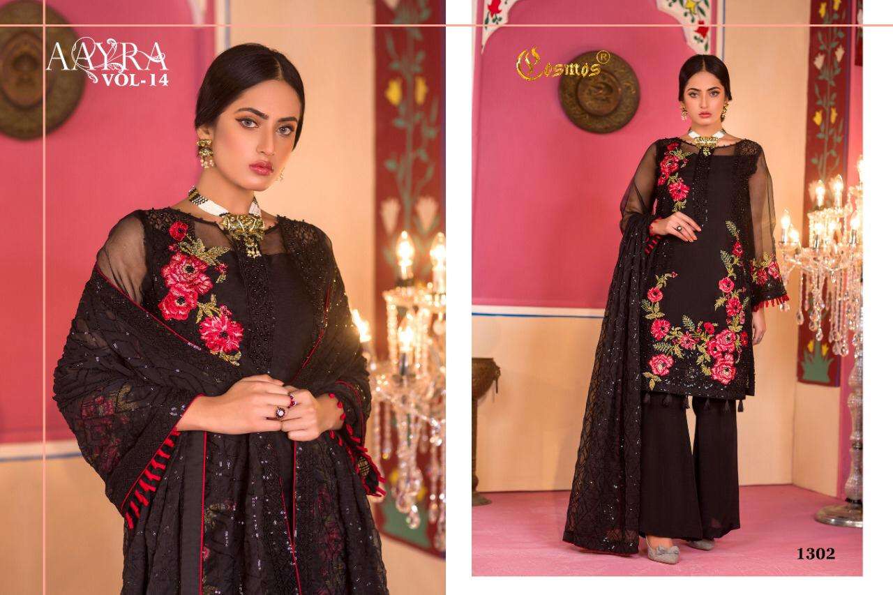 AAYRA VOL-14 BY COSMOS 1301 TO 1304 SERIES BEAUTIFUL STYLISH PAKISTANI SUITS FANCY COLORFUL CASUAL WEAR & ETHNIC WEAR & READY TO WEAR FAUX GEORGETTE EMBROIDERED DRESSES AT WHOLESALE PRICE