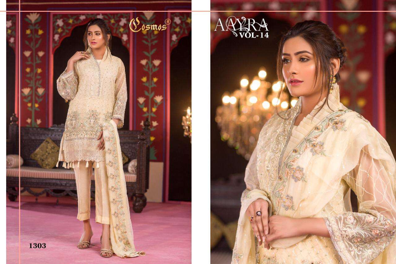 AAYRA VOL-14 BY COSMOS 1301 TO 1304 SERIES BEAUTIFUL STYLISH PAKISTANI SUITS FANCY COLORFUL CASUAL WEAR & ETHNIC WEAR & READY TO WEAR FAUX GEORGETTE EMBROIDERED DRESSES AT WHOLESALE PRICE