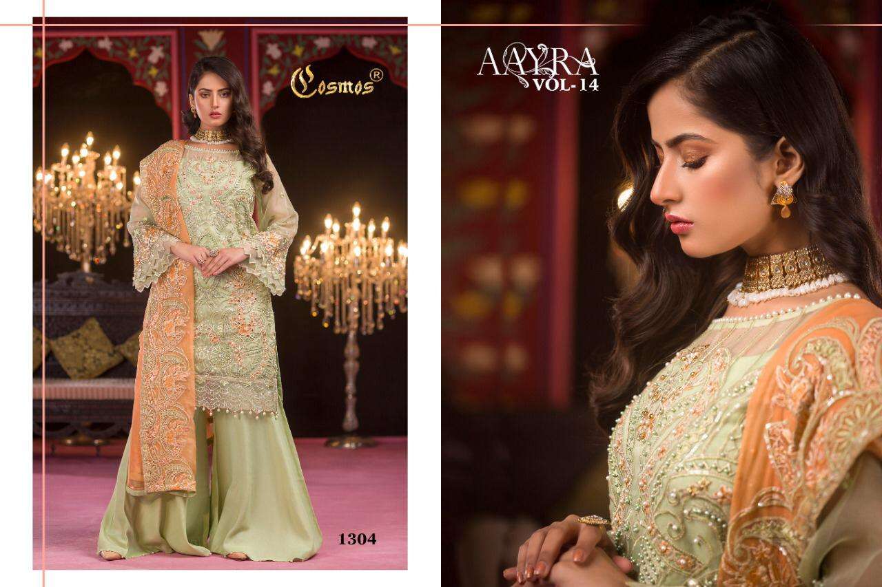 AAYRA VOL-14 BY COSMOS 1301 TO 1304 SERIES BEAUTIFUL STYLISH PAKISTANI SUITS FANCY COLORFUL CASUAL WEAR & ETHNIC WEAR & READY TO WEAR FAUX GEORGETTE EMBROIDERED DRESSES AT WHOLESALE PRICE