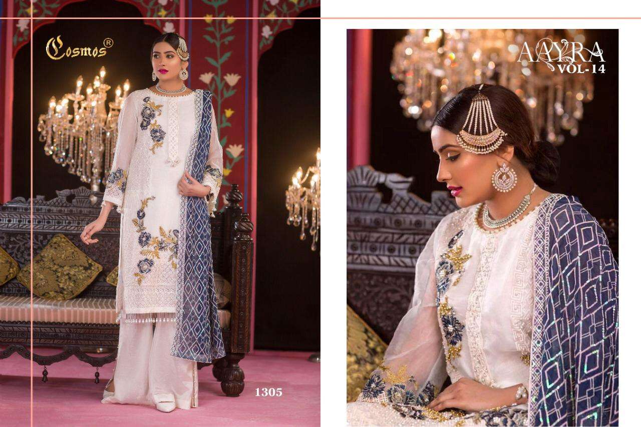 AAYRA VOL-14 BY COSMOS 1301 TO 1304 SERIES BEAUTIFUL STYLISH PAKISTANI SUITS FANCY COLORFUL CASUAL WEAR & ETHNIC WEAR & READY TO WEAR FAUX GEORGETTE EMBROIDERED DRESSES AT WHOLESALE PRICE