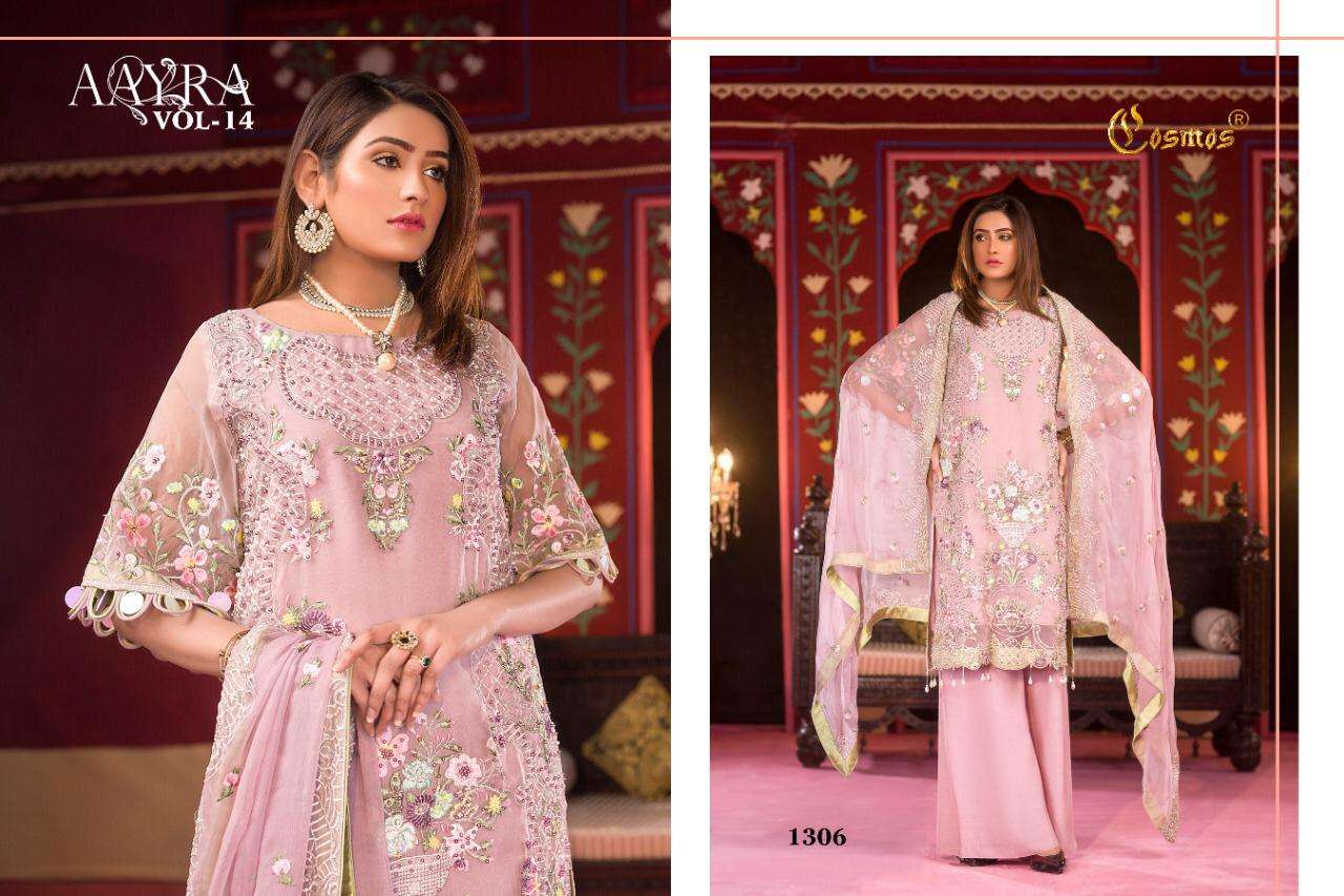 AAYRA VOL-14 BY COSMOS 1301 TO 1304 SERIES BEAUTIFUL STYLISH PAKISTANI SUITS FANCY COLORFUL CASUAL WEAR & ETHNIC WEAR & READY TO WEAR FAUX GEORGETTE EMBROIDERED DRESSES AT WHOLESALE PRICE