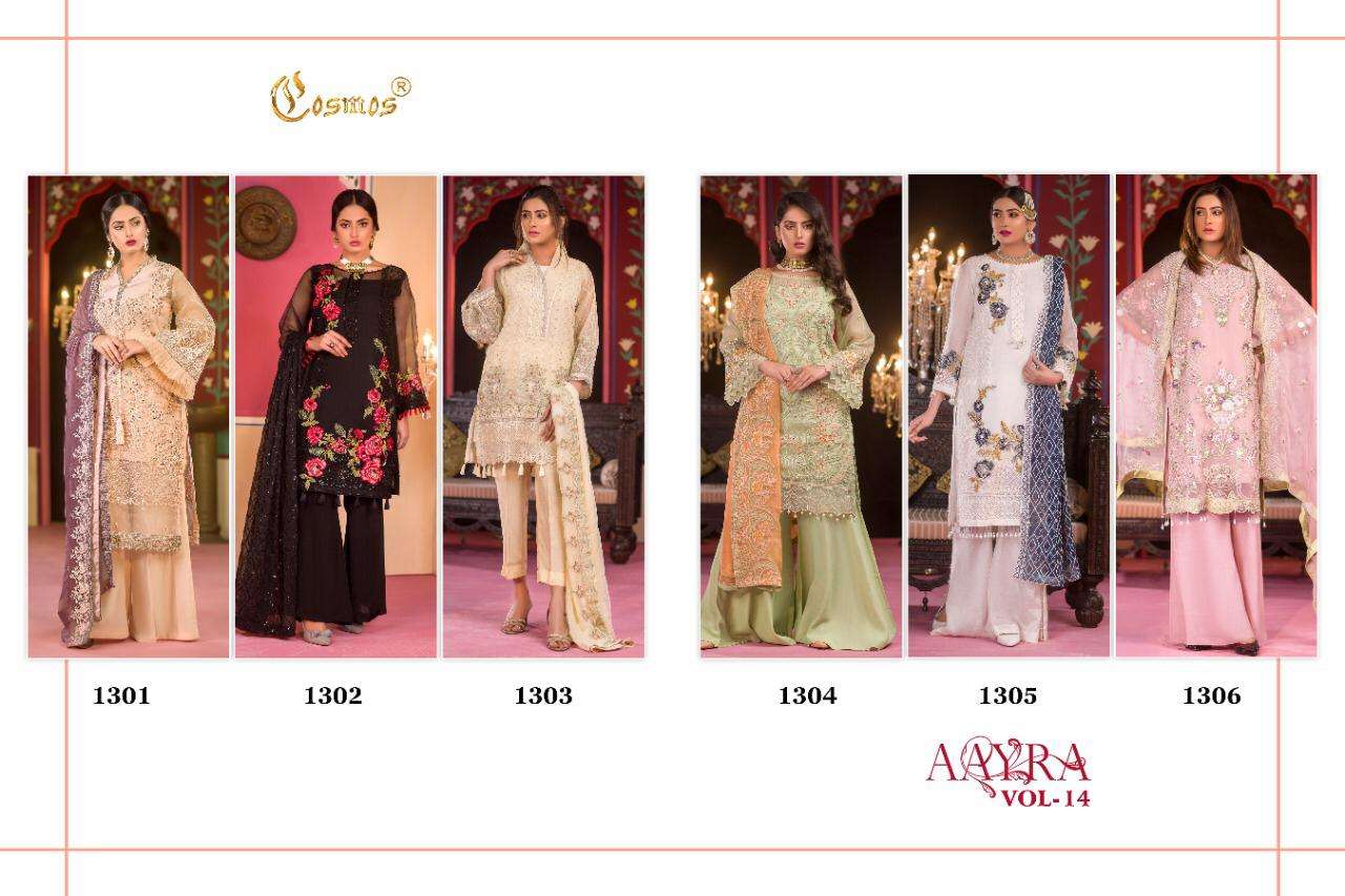AAYRA VOL-14 BY COSMOS 1301 TO 1304 SERIES BEAUTIFUL STYLISH PAKISTANI SUITS FANCY COLORFUL CASUAL WEAR & ETHNIC WEAR & READY TO WEAR FAUX GEORGETTE EMBROIDERED DRESSES AT WHOLESALE PRICE