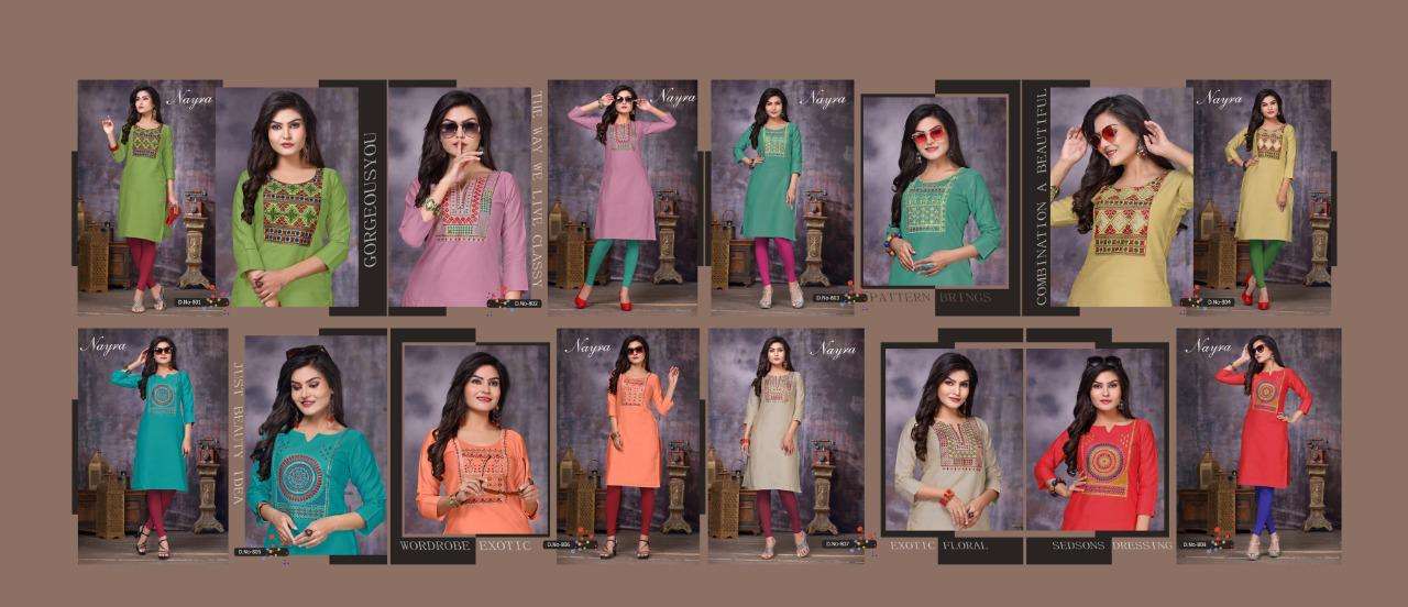 DAFFODIL BY NAYRA 801 TO 808 SERIES STYLISH FANCY BEAUTIFUL COLORFUL CASUAL WEAR & ETHNIC WEAR COTTON SATIN WITH HAND WORK KURTIS AT WHOLESALE PRICE