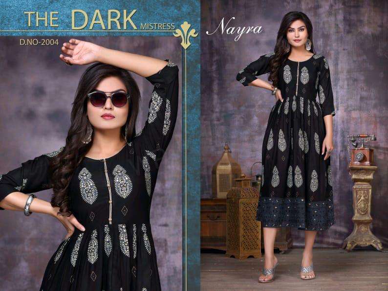 FLOWER BY NAYRA 001 TO 008 SERIES STYLISH FANCY BEAUTIFUL COLORFUL CASUAL WEAR & ETHNIC WEAR HEAVY RAYON GOLD PRINT KURTIS AT WHOLESALE PRICE