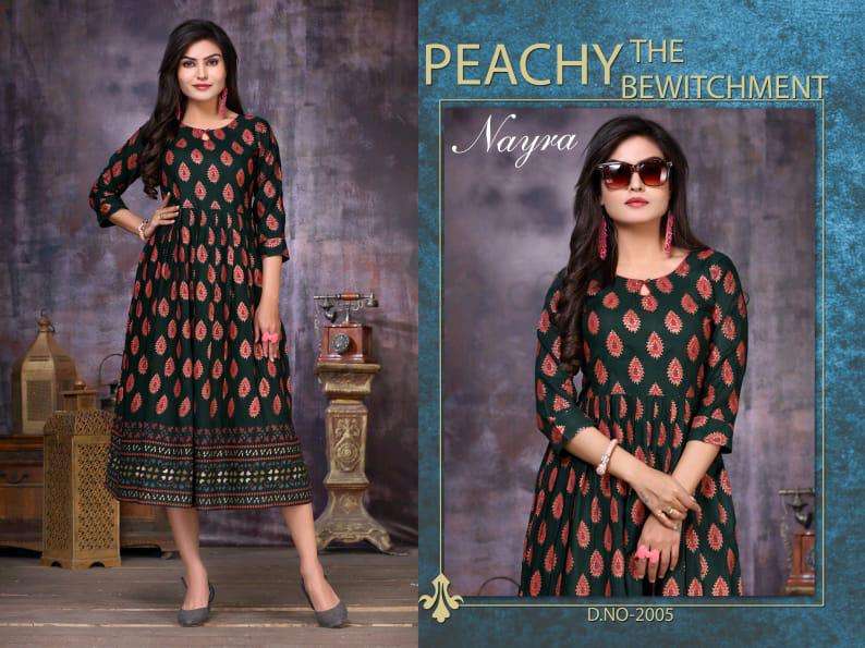 FLOWER BY NAYRA 001 TO 008 SERIES STYLISH FANCY BEAUTIFUL COLORFUL CASUAL WEAR & ETHNIC WEAR HEAVY RAYON GOLD PRINT KURTIS AT WHOLESALE PRICE