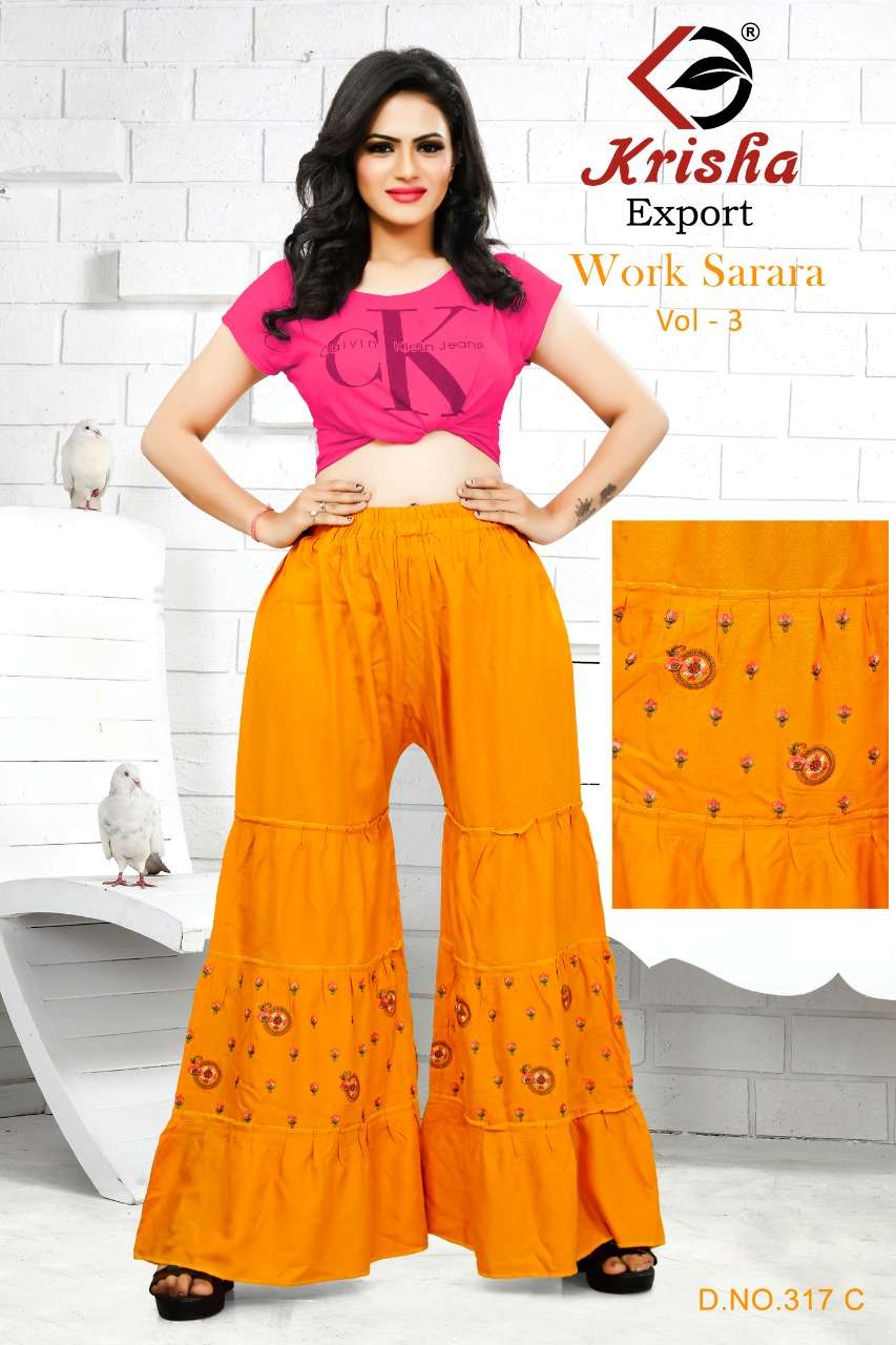 WORK SARARA VOL-3 BY KRISHA EXPORTS 317-A TO 317-D SERIES BEAUTIFUL STYLISH COLORFUL FANCY PARTY WEAR & ETHNIC WEAR & READY TO WEAR RAYON EMBROIDERED PALAZZO AT WHOLESALE PRICE