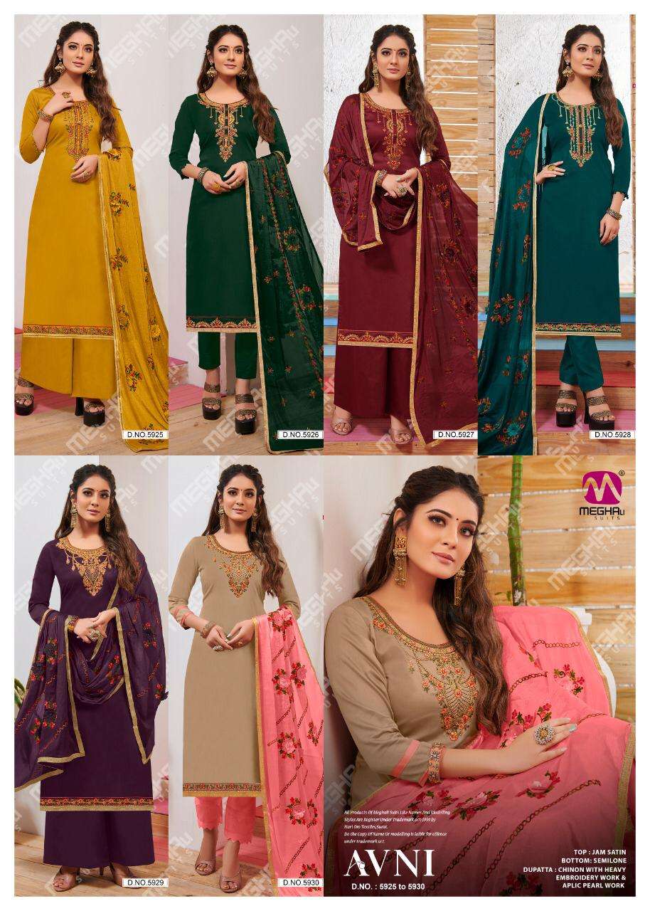 AVNI BY MEGHALI SUITS 5924 TO 5930 SERIES BEAUTIFUL SUITS COLORFUL STYLISH FANCY CASUAL WEAR & ETHNIC WEAR JAM SATIN WITH EMBROIDERY DRESSES AT WHOLESALE PRICE