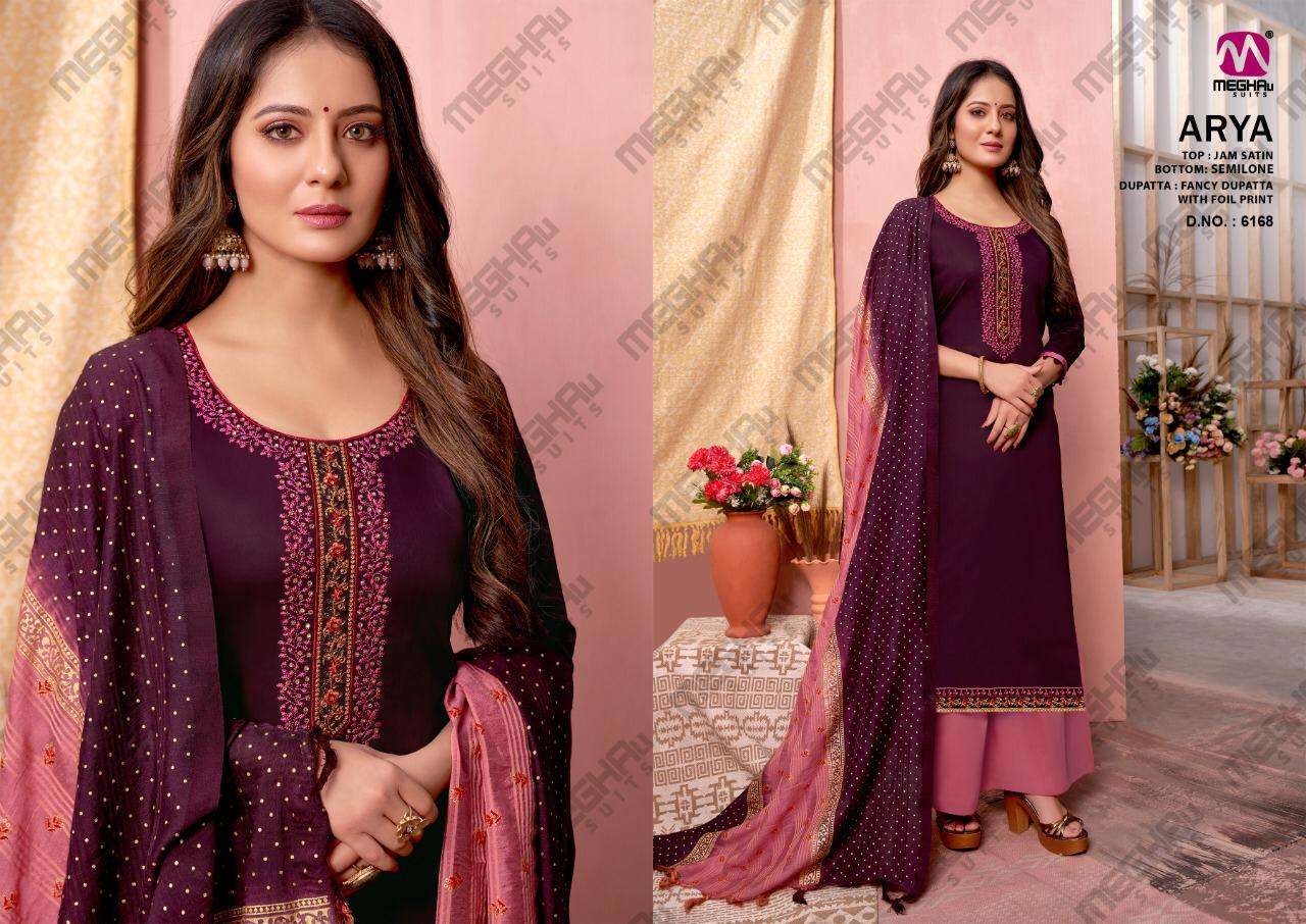 ARYA BY MEGHALI SUITS 6165 TO 6170 SERIES BEAUTIFUL SUITS COLORFUL STYLISH FANCY CASUAL WEAR & ETHNIC WEAR JAM SATIN WITH EMBROIDERY DRESSES AT WHOLESALE PRICE