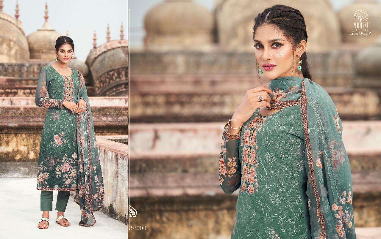 GLAMOUR VOL-87 BY MOHINI FASHION 87001 TO 87006 SERIES DESIGNER FESTIVE SUITS COLLECTION BEAUTIFUL STYLISH FANCY COLORFUL PARTY WEAR & OCCASIONAL WEAR GEORGETTE DIGITAL PRINT WITH EMBROIDERY DRESSES AT WHOLESALE PRICE