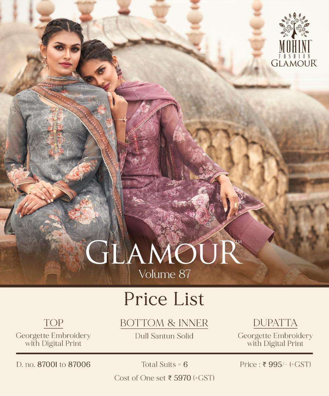 GLAMOUR VOL-87 BY MOHINI FASHION 87001 TO 87006 SERIES DESIGNER FESTIVE SUITS COLLECTION BEAUTIFUL STYLISH FANCY COLORFUL PARTY WEAR & OCCASIONAL WEAR GEORGETTE DIGITAL PRINT WITH EMBROIDERY DRESSES AT WHOLESALE PRICE