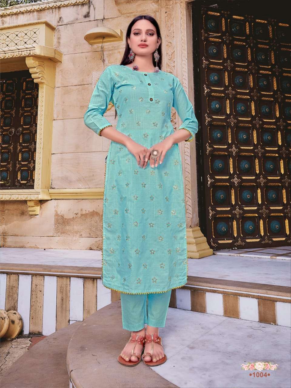 ROSEMEEN BY SYASII 1001 TO 1005 SERIES BEAUTIFUL STYLISH FANCY COLORFUL CASUAL WEAR & ETHNIC WEAR & READY TO WEAR VISCOSE WEAVING EMBROIDERED KURTIS WITH BOTTOM AT WHOLESALE PRICE