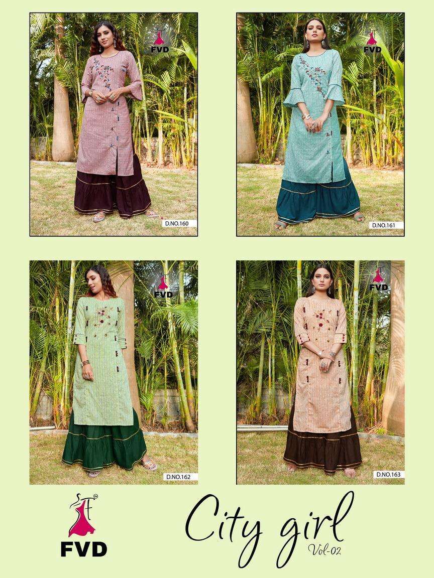 CITY GIRL VOL-2 BY FVD 160 TO 163 SERIES BEAUTIFUL COLORFUL STYLISH FANCY PARTY WEAR & ETHNIC WEAR & READY TO WEAR KHADI COTTON KURTIS WITH BOTTOM AT WHOLESALE PRICE