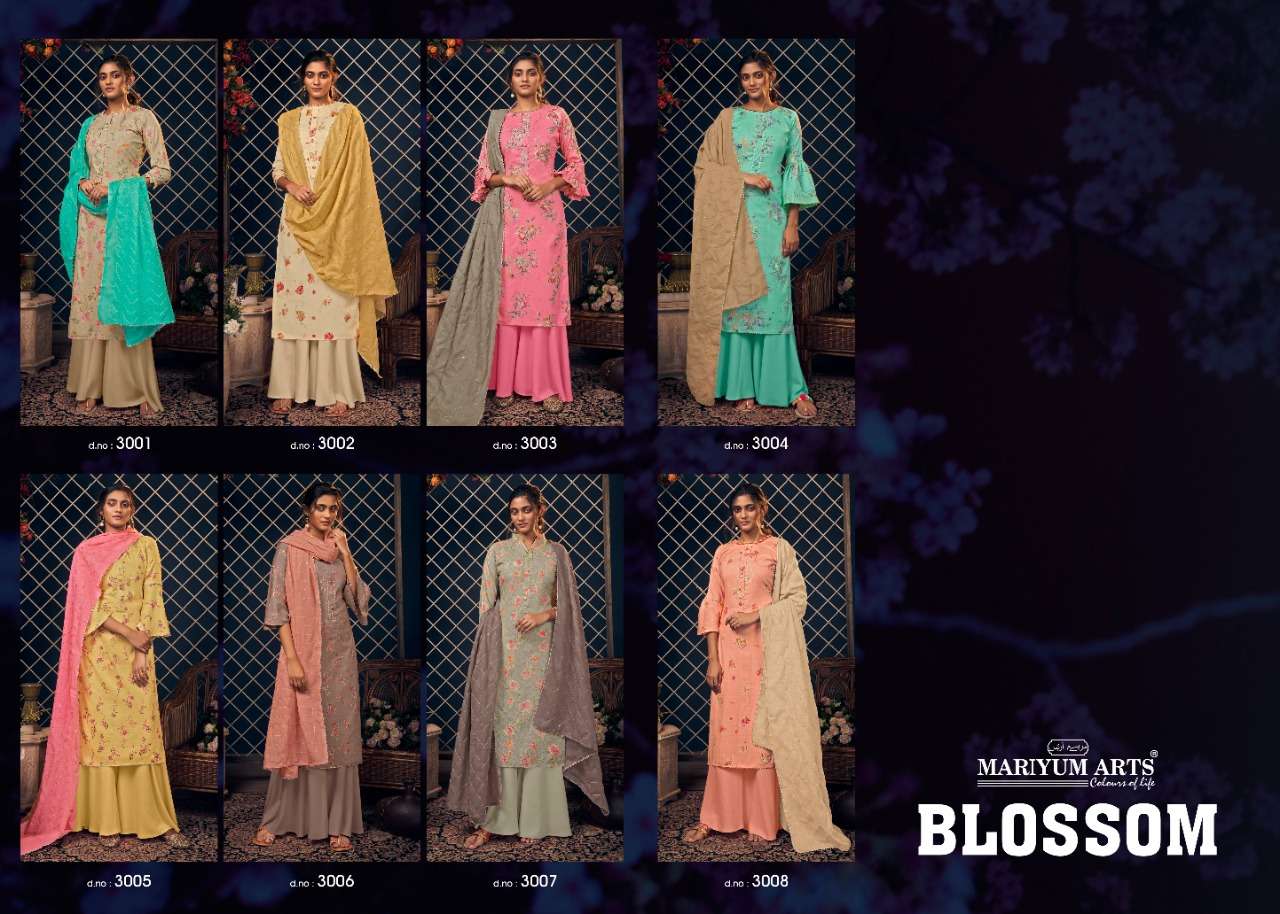 BLOSSOM BY MARIYUM ARTS 3001 TO 3008 SERIES BEAUTIFUL STYLISH SUITS FANCY COLORFUL CASUAL WEAR & ETHNIC WEAR & READY TO WEAR COTTON PRINT DRESSES AT WHOLESALE PRICE