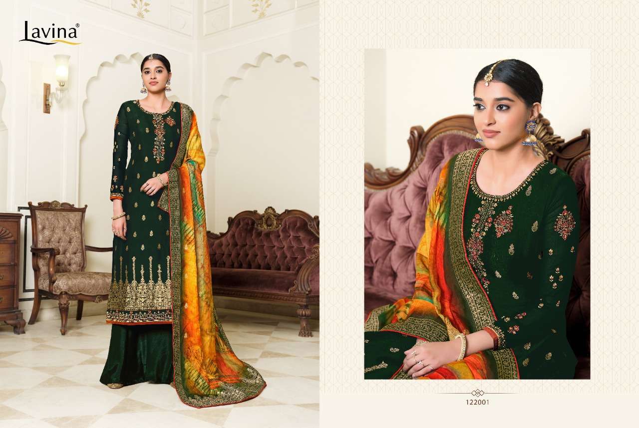 LAVINA VOL-122 BY LAVINA 122001 TO 122006 SERIES DESIGNER COLLECTION SHARARA SUITS BEAUTIFUL STYLISH FANCY COLORFUL PARTY WEAR & OCCASIONAL WEAR PURE DOLA SILK WITH EMBROIDERED DRESSES AT WHOLESALE PRICE