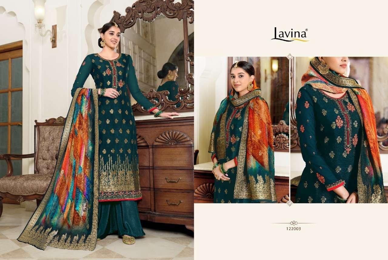 LAVINA VOL-122 BY LAVINA 122001 TO 122006 SERIES DESIGNER COLLECTION SHARARA SUITS BEAUTIFUL STYLISH FANCY COLORFUL PARTY WEAR & OCCASIONAL WEAR PURE DOLA SILK WITH EMBROIDERED DRESSES AT WHOLESALE PRICE