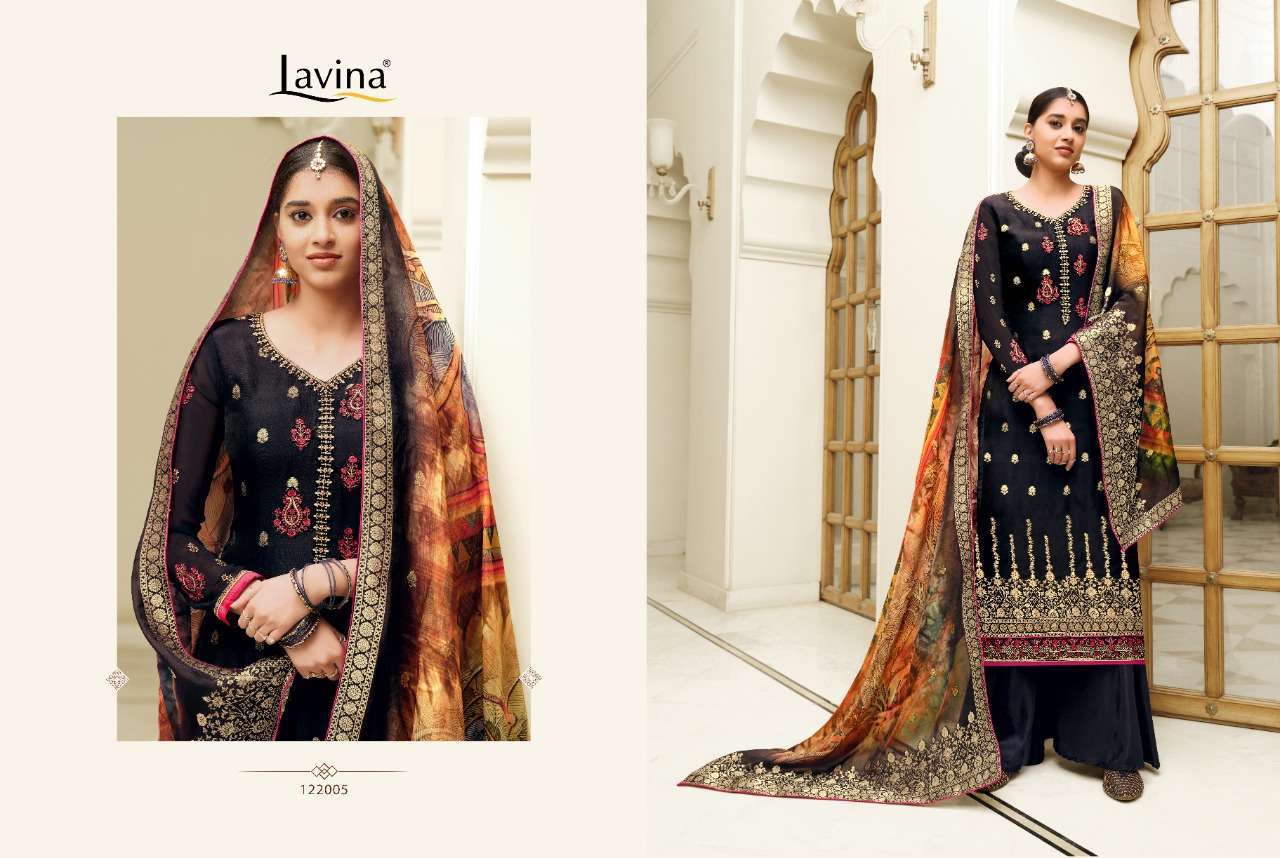 LAVINA VOL-122 BY LAVINA 122001 TO 122006 SERIES DESIGNER COLLECTION SHARARA SUITS BEAUTIFUL STYLISH FANCY COLORFUL PARTY WEAR & OCCASIONAL WEAR PURE DOLA SILK WITH EMBROIDERED DRESSES AT WHOLESALE PRICE