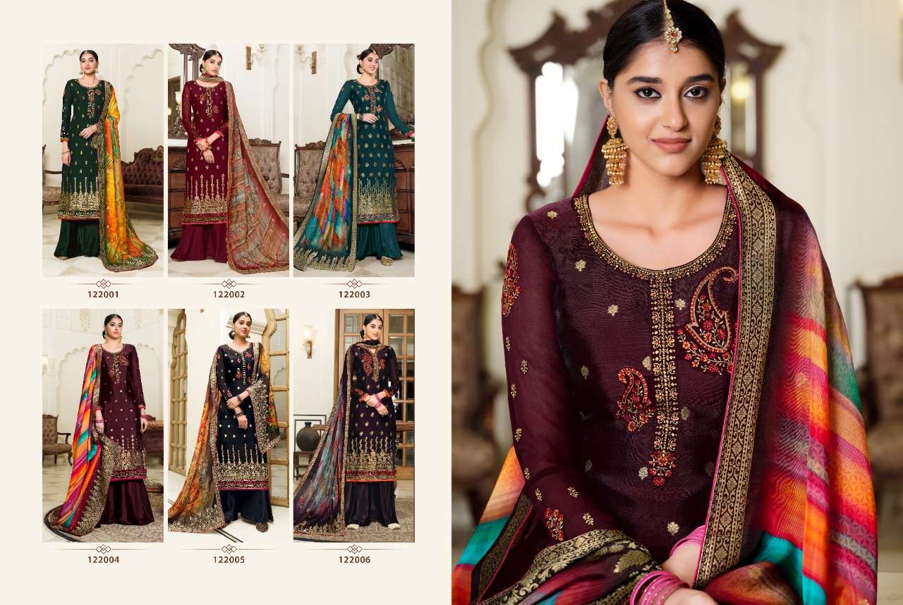 LAVINA VOL-122 BY LAVINA 122001 TO 122006 SERIES DESIGNER COLLECTION SHARARA SUITS BEAUTIFUL STYLISH FANCY COLORFUL PARTY WEAR & OCCASIONAL WEAR PURE DOLA SILK WITH EMBROIDERED DRESSES AT WHOLESALE PRICE