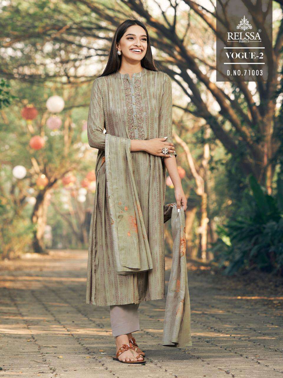 VOGUE VOL-2 BY RELSSA FABRICS 71001 TO 71008 SERIES SUITS STYLISH BEAUTIFUL COLOURFUL PRINTED & EMBROIDERED PARTY WEAR & OCCASIONAL WEAR PURE MUSLIN SILK COTTON PRINT WITH EMBROIDERY DRESSES AT WHOLESALE PRICE